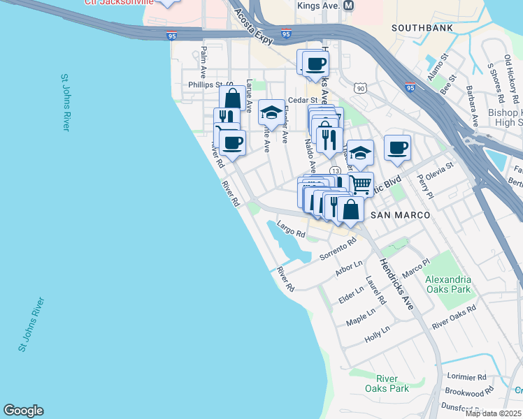 map of restaurants, bars, coffee shops, grocery stores, and more near 1840 San Marco Boulevard in Jacksonville
