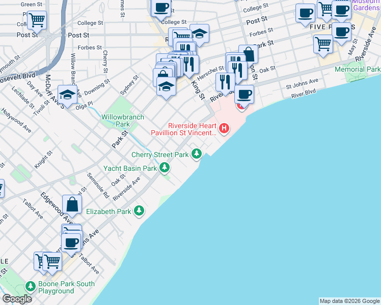map of restaurants, bars, coffee shops, grocery stores, and more near 1839 Cherry Street in Jacksonville