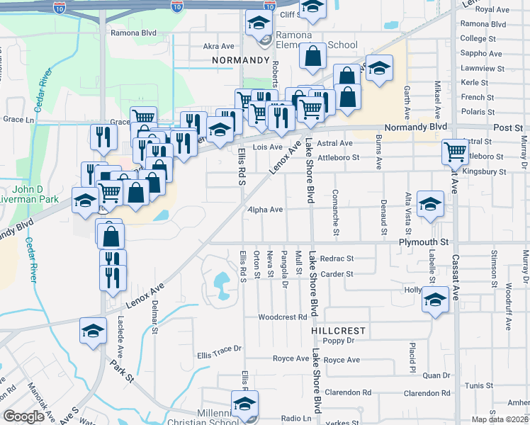 map of restaurants, bars, coffee shops, grocery stores, and more near 5556 Alpha Avenue in Jacksonville