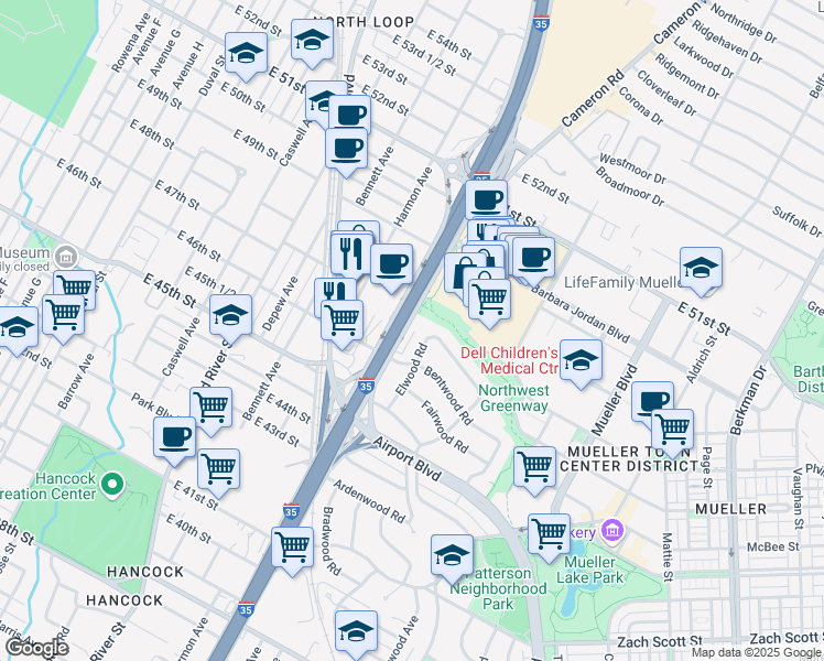 map of restaurants, bars, coffee shops, grocery stores, and more near 4609 North I- 35 Service Road in Austin