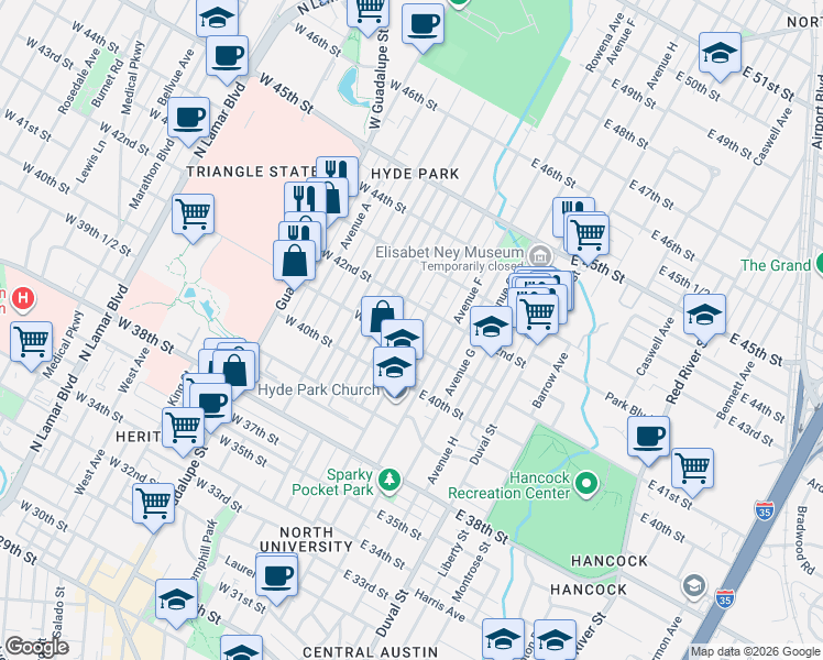 map of restaurants, bars, coffee shops, grocery stores, and more near 4105 Speedway in Austin