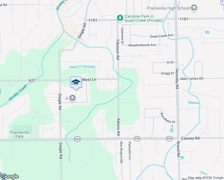 map of restaurants, bars, coffee shops, grocery stores, and more near 16217 Aikens Road in Prairieville