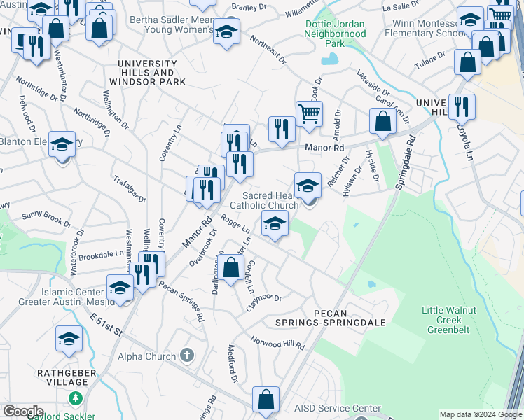 map of restaurants, bars, coffee shops, grocery stores, and more near 5802a Gloucester Lane in Austin
