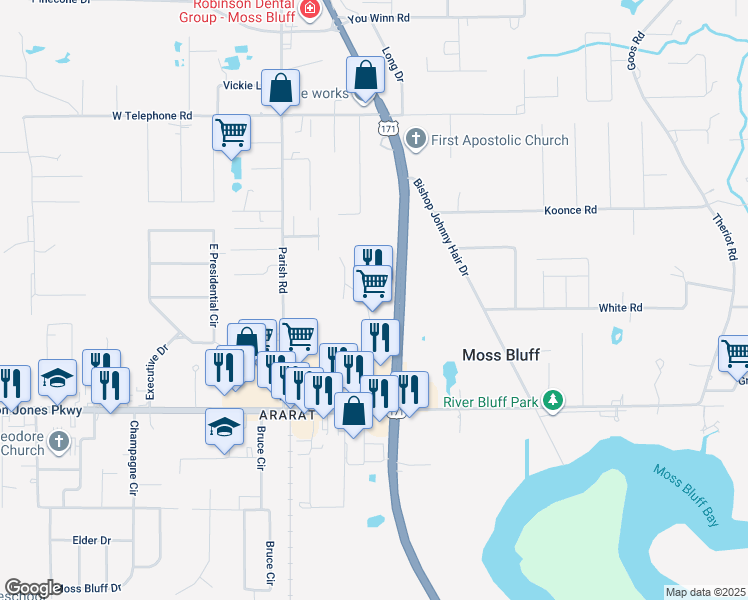 map of restaurants, bars, coffee shops, grocery stores, and more near 277 U.S. 171 in Moss Bluff