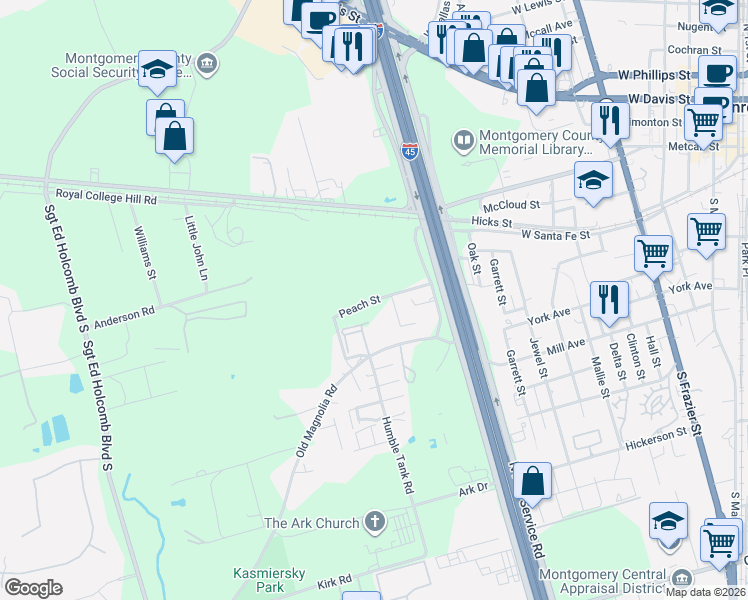 map of restaurants, bars, coffee shops, grocery stores, and more near 1320 Peach Street in Conroe