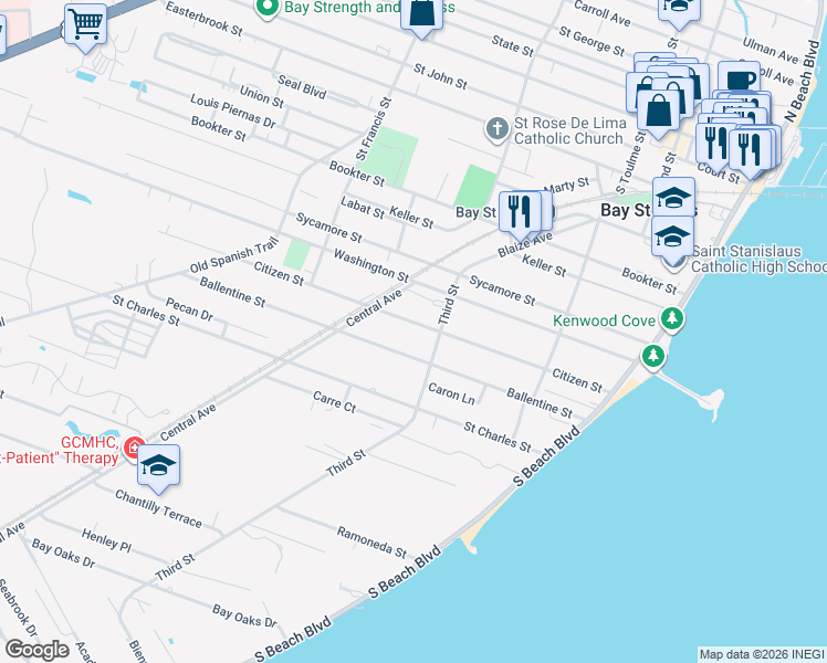 map of restaurants, bars, coffee shops, grocery stores, and more near 300 3rd Street in Bay Saint Louis