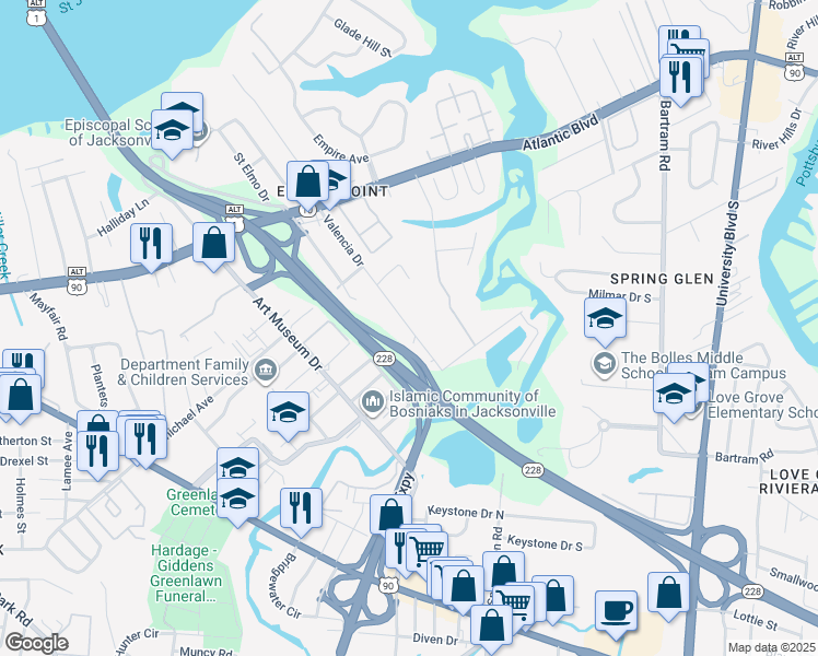 map of restaurants, bars, coffee shops, grocery stores, and more near 2020 Valencia Drive in Jacksonville