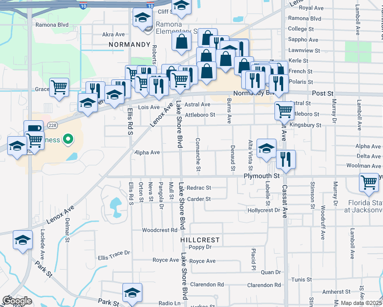 map of restaurants, bars, coffee shops, grocery stores, and more near 5336 Alpha Avenue in Jacksonville