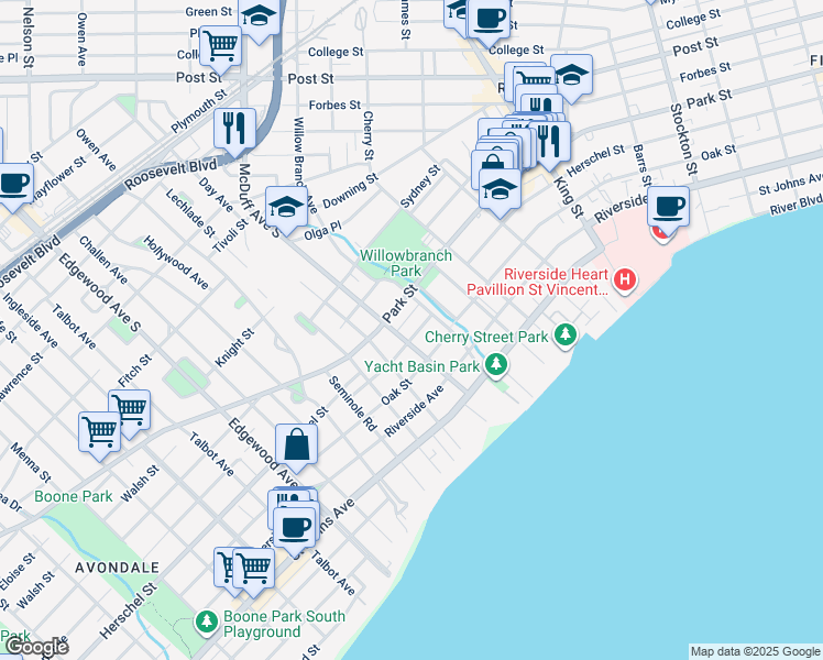 map of restaurants, bars, coffee shops, grocery stores, and more near 2975 Herschel Street in Jacksonville