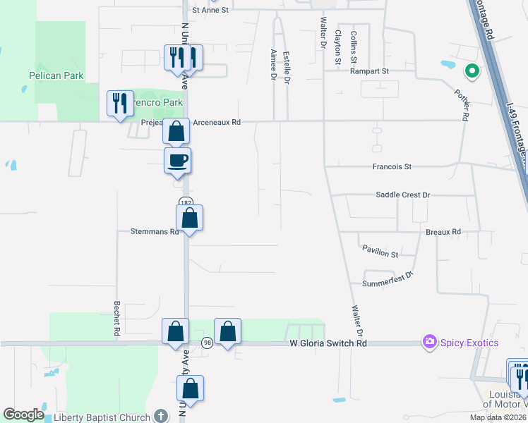 map of restaurants, bars, coffee shops, grocery stores, and more near 307 Kate Road in Carencro