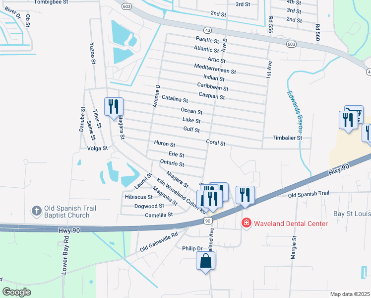 map of restaurants, bars, coffee shops, grocery stores, and more near 1428 Erie Street in Waveland