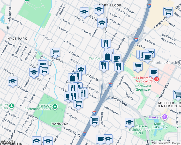 map of restaurants, bars, coffee shops, grocery stores, and more near 4508 Bennett Avenue in Austin