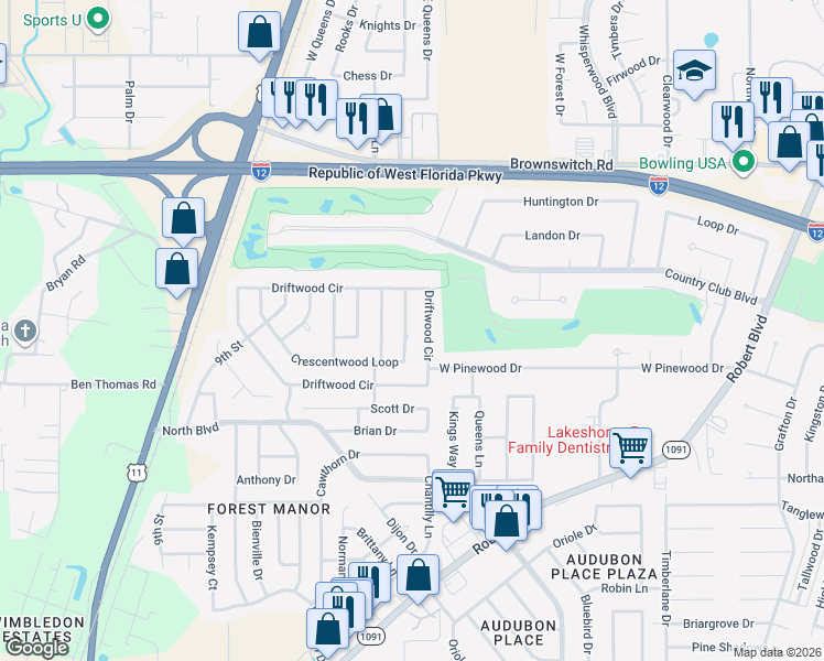 map of restaurants, bars, coffee shops, grocery stores, and more near 114 Crescentwood Loop in Slidell