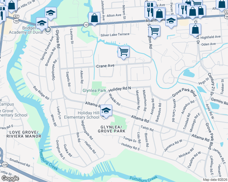 map of restaurants, bars, coffee shops, grocery stores, and more near 7022 North Holiday Road in Jacksonville