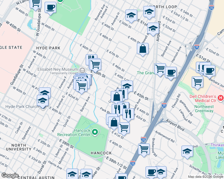 map of restaurants, bars, coffee shops, grocery stores, and more near 709 Keasbey Street in Austin