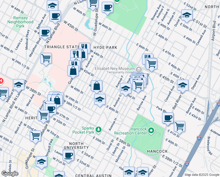 map of restaurants, bars, coffee shops, grocery stores, and more near 4111 Speedway in Austin