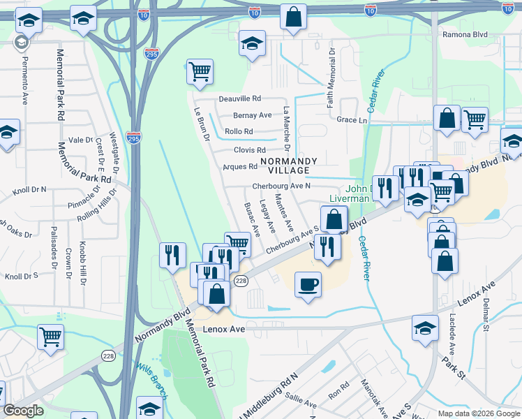 map of restaurants, bars, coffee shops, grocery stores, and more near 1044 Legay Avenue in Jacksonville