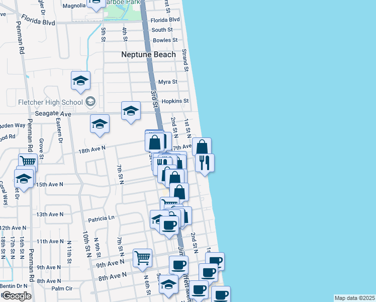 map of restaurants, bars, coffee shops, grocery stores, and more near 1704 1st Street North in Jacksonville Beach