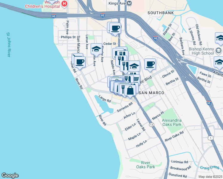 map of restaurants, bars, coffee shops, grocery stores, and more near 1949 San Marco Boulevard in Jacksonville