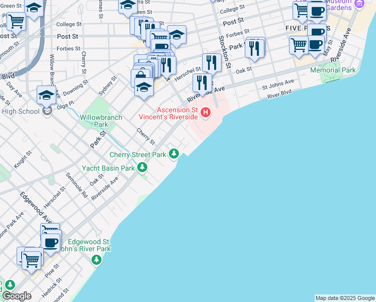 map of restaurants, bars, coffee shops, grocery stores, and more near 2762 Vernon Terrace in Jacksonville