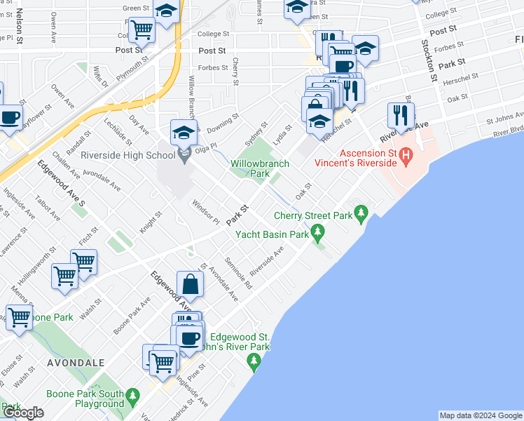 map of restaurants, bars, coffee shops, grocery stores, and more near 1502 McDuff Avenue South in Jacksonville