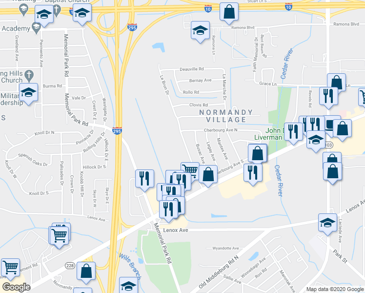 map of restaurants, bars, coffee shops, grocery stores, and more near 1056 Le Brun Drive in Jacksonville