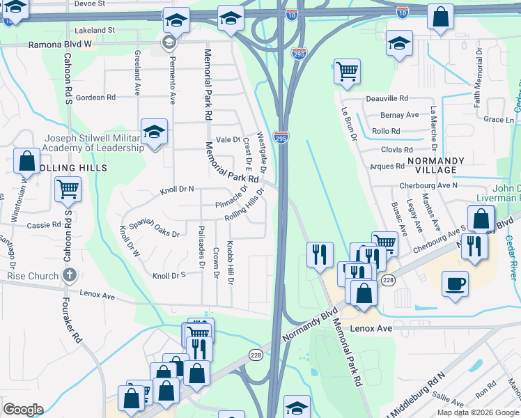 map of restaurants, bars, coffee shops, grocery stores, and more near 1043 Hillock Drive East in Jacksonville