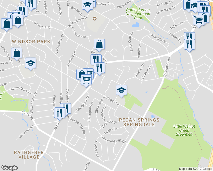 map of restaurants, bars, coffee shops, grocery stores, and more near 5802a Gloucester Lane in Austin
