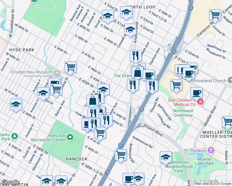 map of restaurants, bars, coffee shops, grocery stores, and more near 4508 Bennett Avenue in Austin