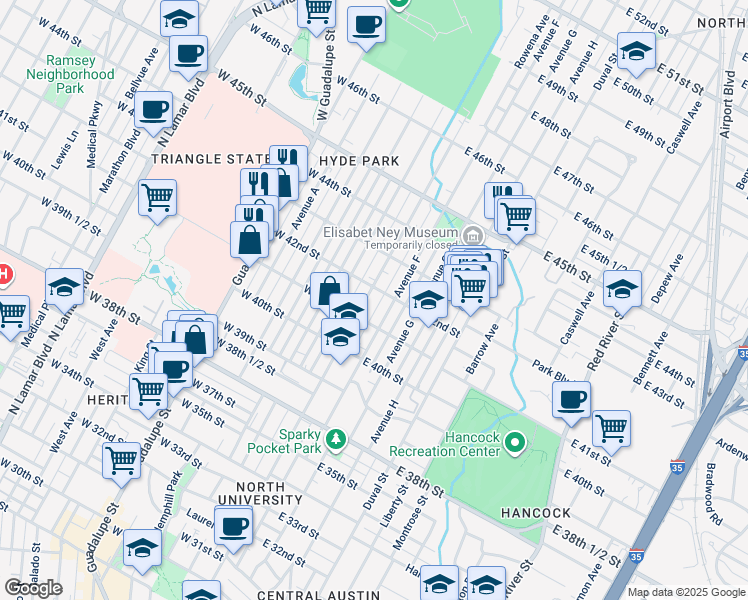map of restaurants, bars, coffee shops, grocery stores, and more near 4105 Speedway in Austin