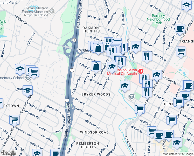 map of restaurants, bars, coffee shops, grocery stores, and more near 3204 Glenview Avenue in Austin