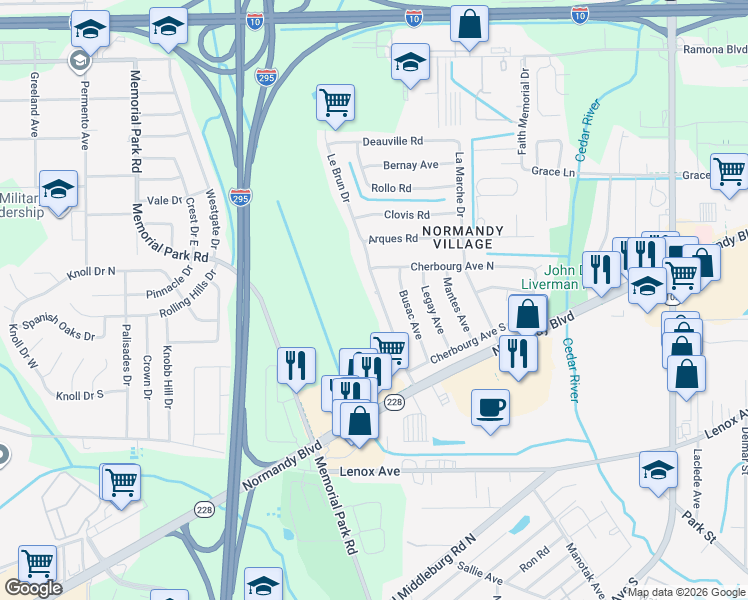 map of restaurants, bars, coffee shops, grocery stores, and more near 1056 Le Brun Drive in Jacksonville