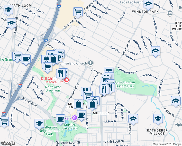map of restaurants, bars, coffee shops, grocery stores, and more near 1500 Barbara Jordan Boulevard in Austin