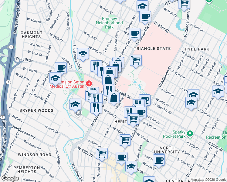 map of restaurants, bars, coffee shops, grocery stores, and more near 3701 North Lamar Boulevard in Austin