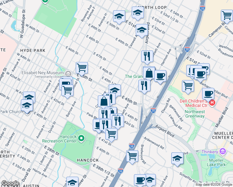 map of restaurants, bars, coffee shops, grocery stores, and more near Red River St & E 45th St in Austin