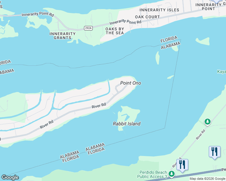 map of restaurants, bars, coffee shops, grocery stores, and more near 33438-33476 River Road in Orange Beach