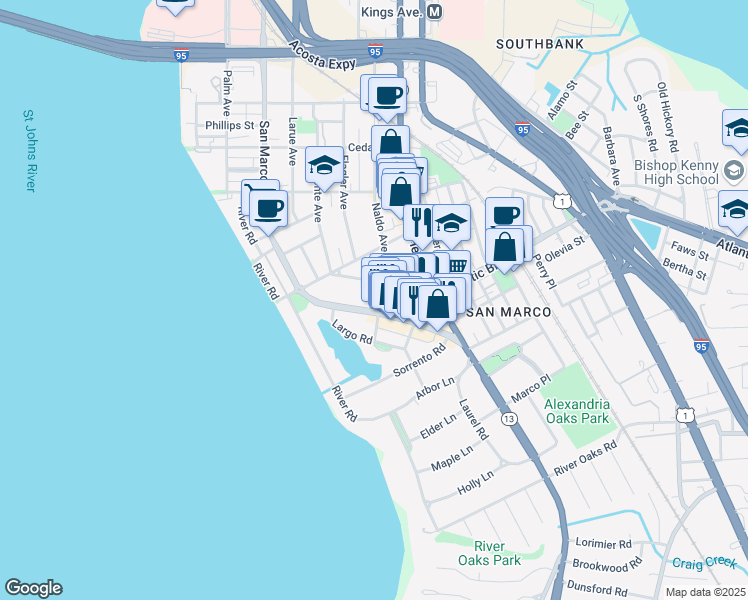 map of restaurants, bars, coffee shops, grocery stores, and more near 1949 San Marco Boulevard in Jacksonville