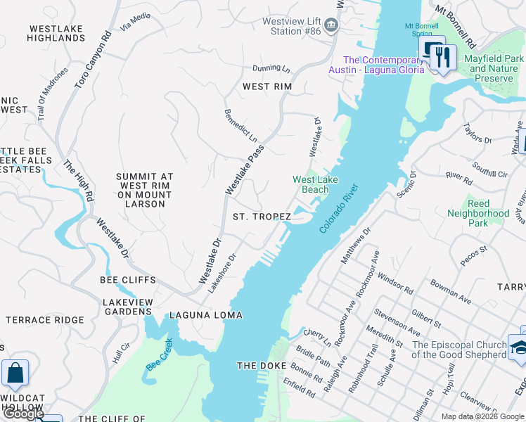 map of restaurants, bars, coffee shops, grocery stores, and more near 1923 Rue De Saint Tropez in Austin