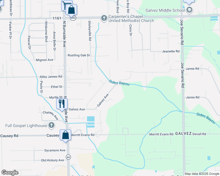map of restaurants, bars, coffee shops, grocery stores, and more near 16242 North Galvez Avenue in Prairieville