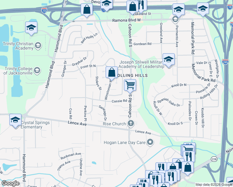 map of restaurants, bars, coffee shops, grocery stores, and more near 8223 Frost Street South in Jacksonville