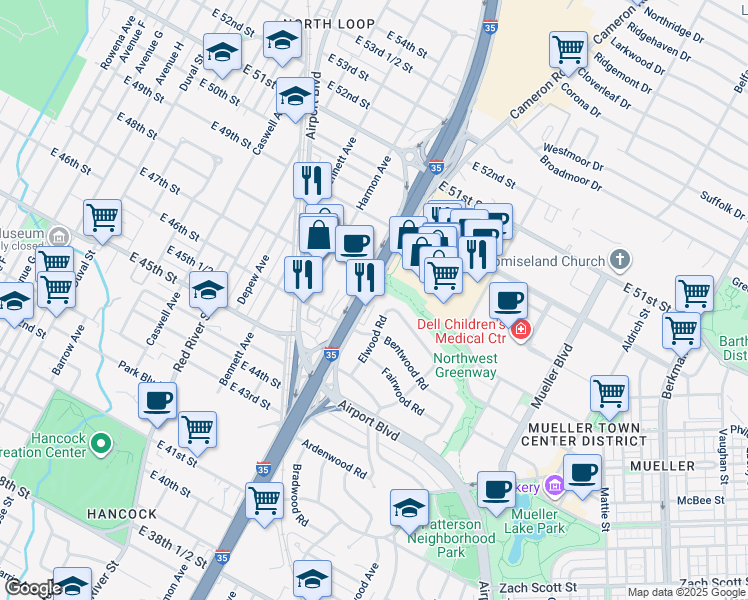 map of restaurants, bars, coffee shops, grocery stores, and more near 4613 North Interstate 35 Frontage Road in Austin