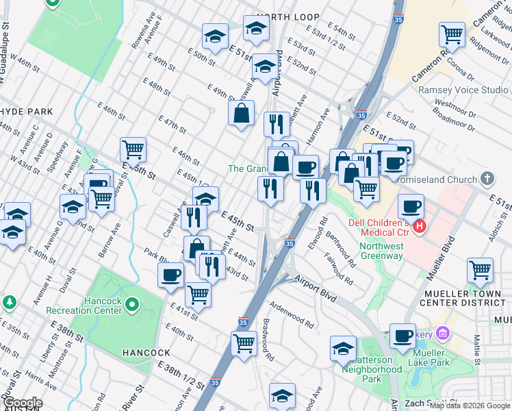 map of restaurants, bars, coffee shops, grocery stores, and more near 921 East 46th Street in Austin
