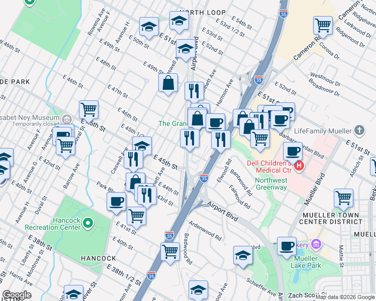 map of restaurants, bars, coffee shops, grocery stores, and more near 998 E 46th St in Austin