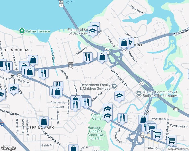 map of restaurants, bars, coffee shops, grocery stores, and more near 1706 Art Museum Drive in Jacksonville