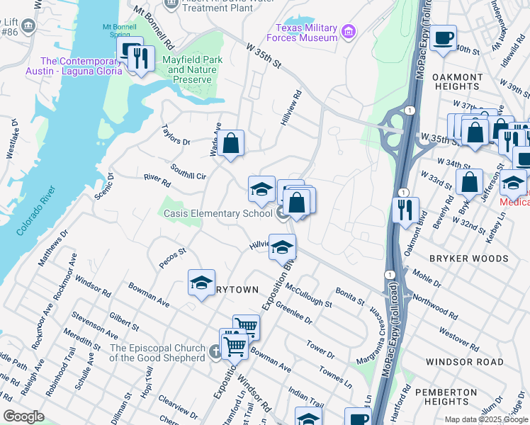 map of restaurants, bars, coffee shops, grocery stores, and more near 2710 Exposition Boulevard in Austin