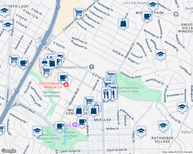 map of restaurants, bars, coffee shops, grocery stores, and more near 1525 East 51st Street in Austin