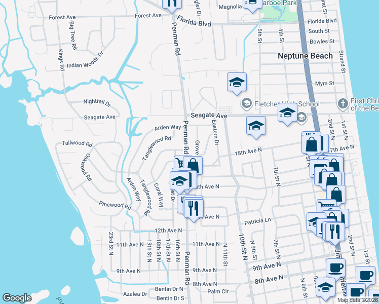 map of restaurants, bars, coffee shops, grocery stores, and more near 1815 Penman Road in Jacksonville Beach