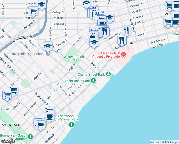 map of restaurants, bars, coffee shops, grocery stores, and more near 2918 Riverside Avenue in Jacksonville