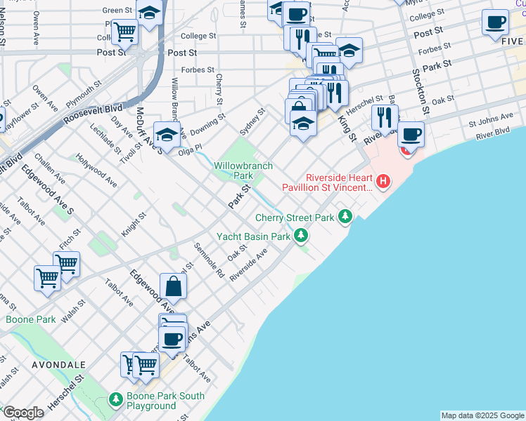 map of restaurants, bars, coffee shops, grocery stores, and more near 2961 Oak Street in Jacksonville