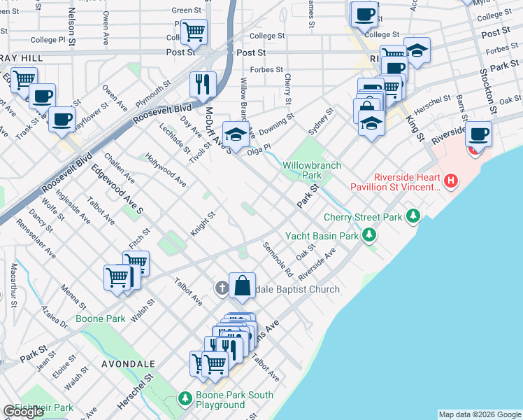 map of restaurants, bars, coffee shops, grocery stores, and more near 1416 Windsor Place in Jacksonville